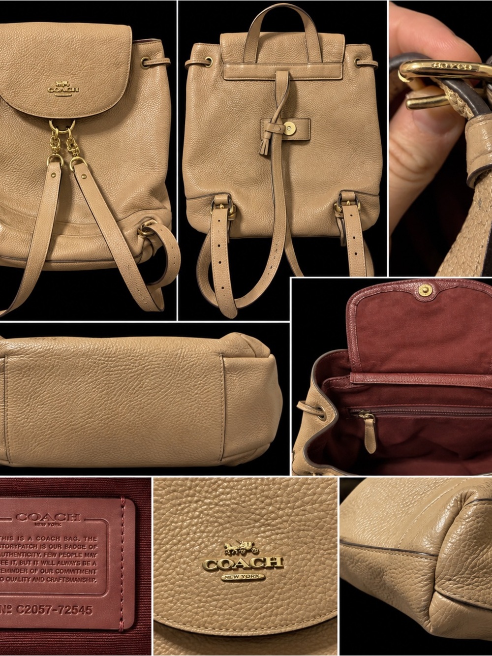 Coach Pebbled Leather Backpack in Beige with Gold Hardware